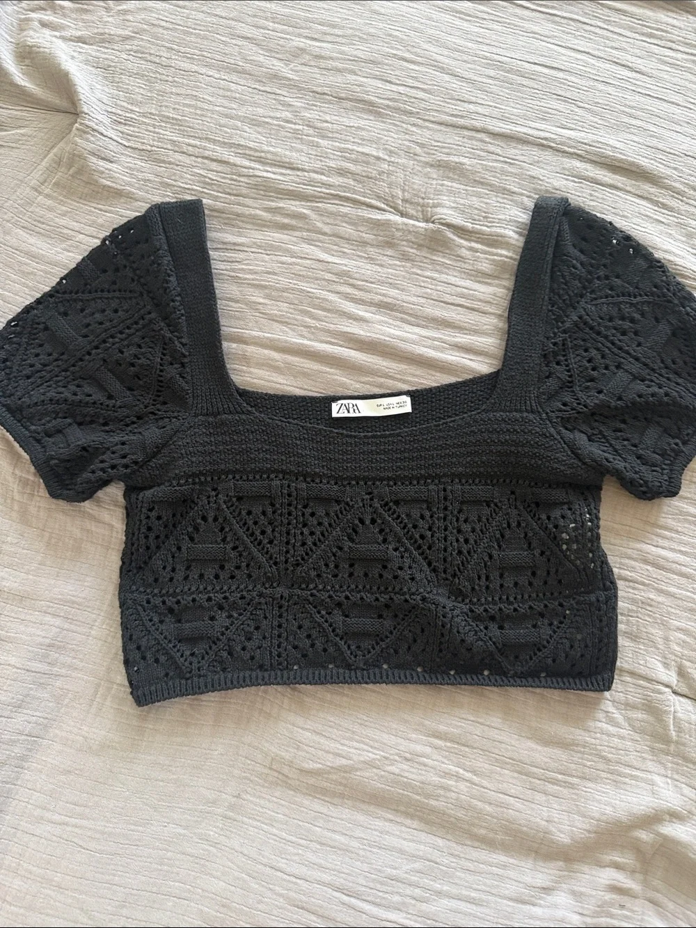 ZARA Black Crochet Square-Neck Crop Top with Puff Sleeves